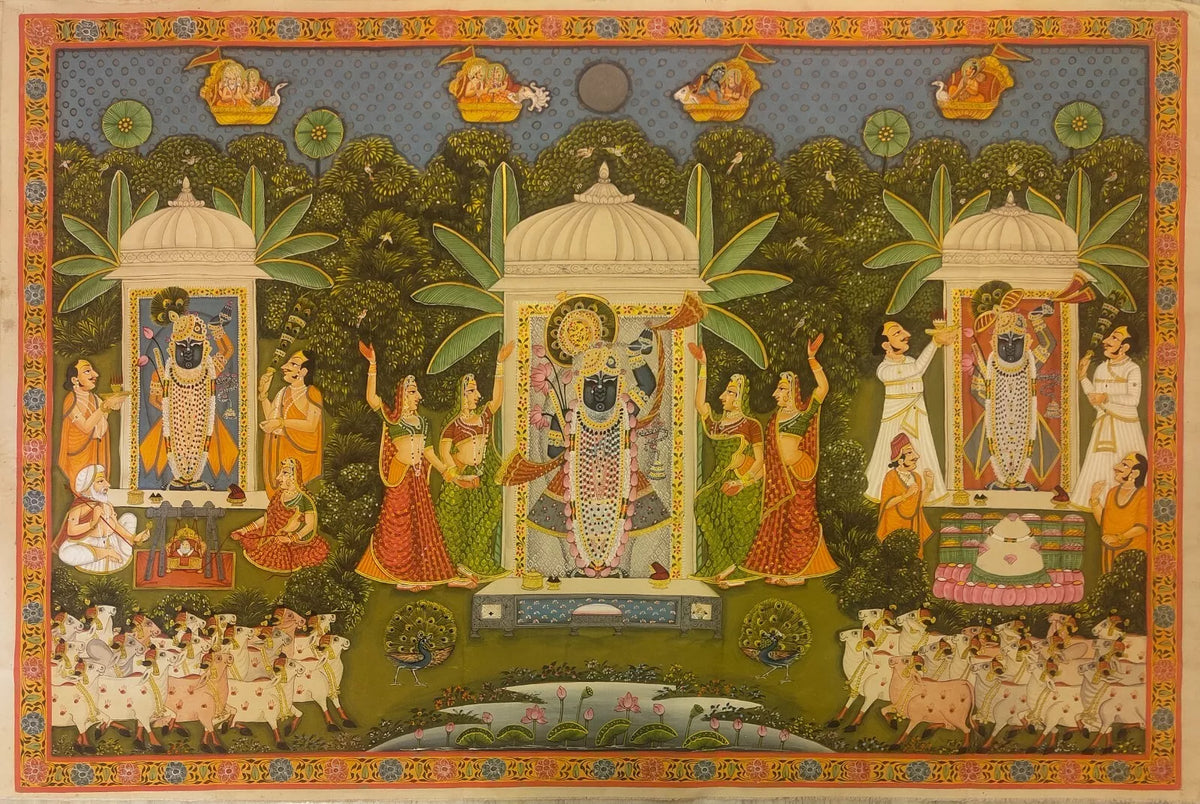 Large Shreenathji Original Antique Golden Pichwai Painting Wall Decor
