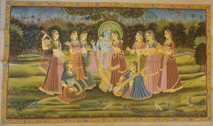 Exquisite 54x32 Large Pichwai Painting - Krishna Radha With Gopis Art