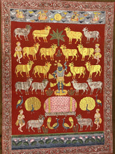 Load image into Gallery viewer, Traditional Shreenathji Pichwai painting with ornamented cows and gold-toned figures on red cloth