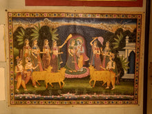 Load image into Gallery viewer, Antique Radha Krishna Raas Leela Pichwai Painting with Cows & Gopis – 3 × 4 Ft