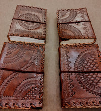 Load image into Gallery viewer, Handmade Dark Brown Embossed Leather Bound Journal - 200 Unlined Recycled Pages - A5 Sized Unisex Travel Diary - Book of Shadows