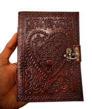 Load image into Gallery viewer, Heart Embossed A5 Sized Large Handmade Leather Bound Journal with Unlined Refillable Pages