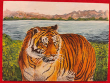 Load image into Gallery viewer, Hand Painted Tiger Animal Miniature Painting India Art Nature on Synthetic Ivory - ArtUdaipur