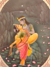 Load image into Gallery viewer, Hand Painted Krishna Radha Love Scene Miniature Painting India Artwork - ArtUdaipur