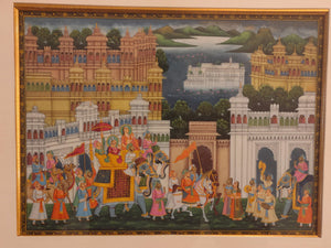 Rare Indian Framed Maharaja Blue Color Scheme Rajasthani Procession Detailed Miniature Painting Fine Art Exquisite Artwork Udaipur City - ArtUdaipur