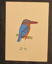 Load image into Gallery viewer, Hand Painted Blue Orange KingFisher Bird Indian Miniature Painting Art
