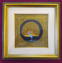 Load image into Gallery viewer, Beautiful Peacock Bird on Silk Framed Indian Miniature Painting - ArtUdaipur
