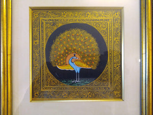 Beautiful Peacock Bird on Silk Framed Indian Miniature Painting - ArtUdaipur