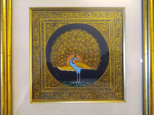 Beautiful Peacock Bird on Silk Framed Indian Miniature Painting - ArtUdaipur