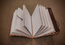 Load image into Gallery viewer, Handmade Dark Brown Embossed Leather Bound Journal - 200 Unlined Recycled Pages - A5 Sized Unisex Travel Diary - Book of Shadows