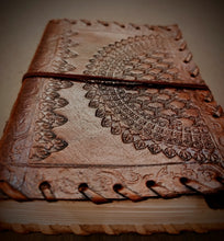 Load image into Gallery viewer, Handmade Dark Brown Embossed Leather Bound Journal - 200 Unlined Recycled Pages - A5 Sized Unisex Travel Diary - Book of Shadows