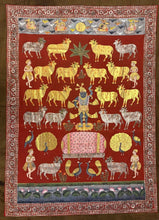 Load image into Gallery viewer, Antique Shreenathji Pichwai art with gold-decorated cows, peacocks and traditional floral detailing

