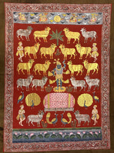Load image into Gallery viewer, Antique Shreenathji Pichwai cloth painting with red painted field and traditional ornamental border
