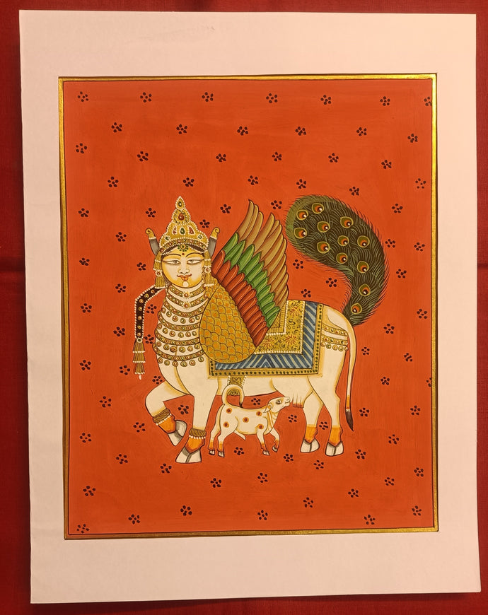 Fine Original Kamadhenu Holy Cow Indian Miniature Painting Pichwai Art