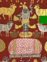 Load image into Gallery viewer, Old antique Shreenathji Pichwai artwork with gold-toned cows, peacocks and detailed floral framing
