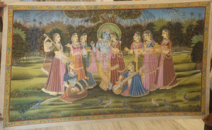 Exquisite 54x32 Large Pichwai Painting - Krishna Radha With Gopis Art