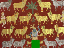 Load image into Gallery viewer, Traditional Shrinathji Pichwai painting with sacred cows, peacocks and ornamental lotus border

