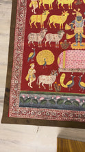 Load and play video in Gallery viewer, Large antique Pichwai wall hanging featuring Shreenathji, sacred cows and intricate gold detailing
