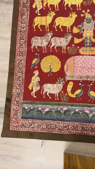 Large antique Pichwai wall hanging featuring Shreenathji, sacred cows and intricate gold detailing