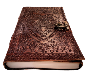 Heart Embossed A5 Sized Large Handmade Leather Bound Journal with Unlined Refillable Pages