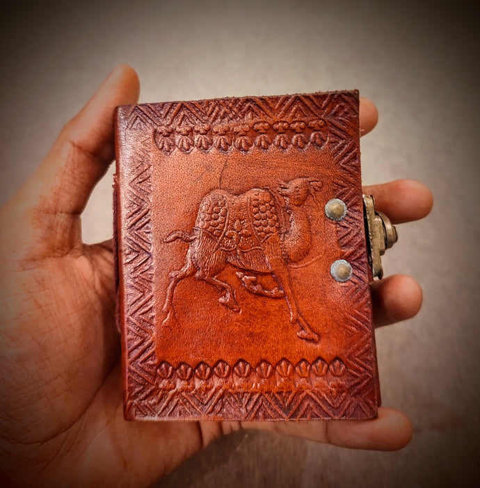 Handmade Camel Embossed Pocket Sized Locked Notebook - Recycled Refillable Unlined Papers - Unisex Leather Gift