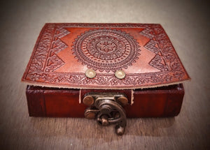 Handmade Chakra Embossed Small Pocket Size Leather Bound Travel Journal - 200 Unlined Recycled Notebook - Handcrafted Unisex Book Of Shadows
