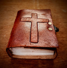 Load image into Gallery viewer, Pocket Size Handcrafted Locked Crucifix Embossed Holy Church Journal - Handmade Recycled Refillable Diary - Unlined 200 Thick Pages
