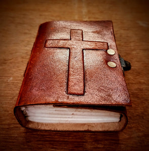 Pocket Size Handcrafted Locked Crucifix Embossed Holy Church Journal - Handmade Recycled Refillable Diary - Unlined 200 Thick Pages