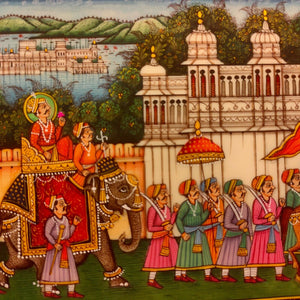 Indian King Maharajah Procession Miniature Painting Traditional Art