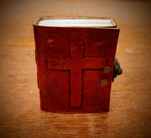 Load image into Gallery viewer, Pocket Size Handcrafted Locked Crucifix Embossed Holy Church Journal - Handmade Recycled Refillable Diary - Unlined 200 Thick Pages
