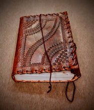 Load image into Gallery viewer, Handmade Dark Brown Embossed Leather Bound Journal - 200 Unlined Recycled Pages - A5 Sized Unisex Travel Diary - Book of Shadows
