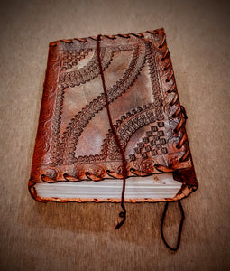 Handmade Dark Brown Embossed Leather Bound Journal - 200 Unlined Recycled Pages - A5 Sized Unisex Travel Diary - Book of Shadows