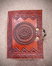 Load image into Gallery viewer, Handmade Chakra Embossed Small Pocket Size Leather Bound Travel Journal - 200 Unlined Recycled Notebook - Handcrafted Unisex Book Of Shadows

