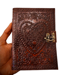 Heart Embossed A5 Sized Large Handmade Leather Bound Journal with Unlined Refillable Pages
