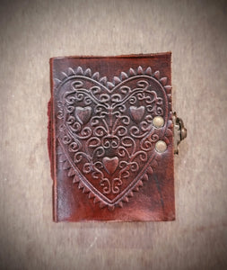 Rich Brown Heart Embossed Valentines Small Locked Pocket Journal - Handmade Recycled Refillable Pages - Leather Gifts for Her