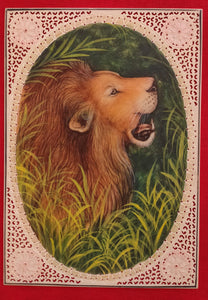 Hand Painted Lion Animal Miniature Painting India Art on Synthetic Ivory Faux - ArtUdaipur
