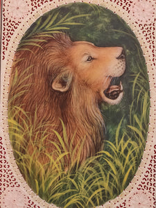 Hand Painted Lion Animal Miniature Painting India Art on Synthetic Ivory Faux - ArtUdaipur