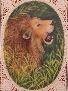 Hand Painted Lion Animal Miniature Painting India Art on Synthetic Ivory Faux - ArtUdaipur