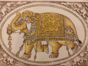 HandPainted Elephant Carved Carving Miniature Painting Art Synthetic Gold Ivory - ArtUdaipur
