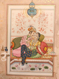 Hand Painted Mughal Maharajah Romance Miniature Painting India Art Old Paper - ArtUdaipur
