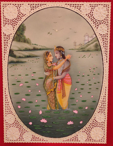 Original Krishna Radha Love Scene Miniature Painting India Art - ArtUdaipur