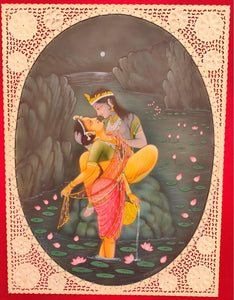 Hand Painted Krishna Radha Love Scene Miniature Painting India Artwork - ArtUdaipur