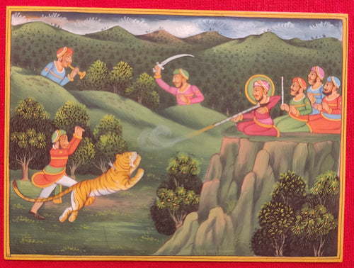 Hand Painted Mughal Hunting Scene Tiger Miniature Painting India Artwork - ArtUdaipur