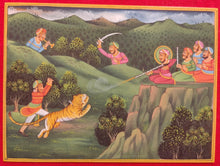 Load image into Gallery viewer, Hand Painted Mughal Hunting Scene Tiger Miniature Painting India Artwork - ArtUdaipur

