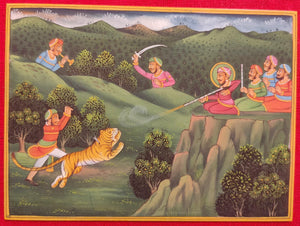 Hand Painted Mughal Hunting Scene Tiger Miniature Painting India Artwork - ArtUdaipur