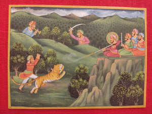 Hand Painted Mughal Hunting Scene Tiger Miniature Painting India Artwork - ArtUdaipur