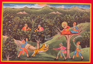 Hand Painted Mughal Hunting Scene Tiger Miniature Painting India Artwork - ArtUdaipur