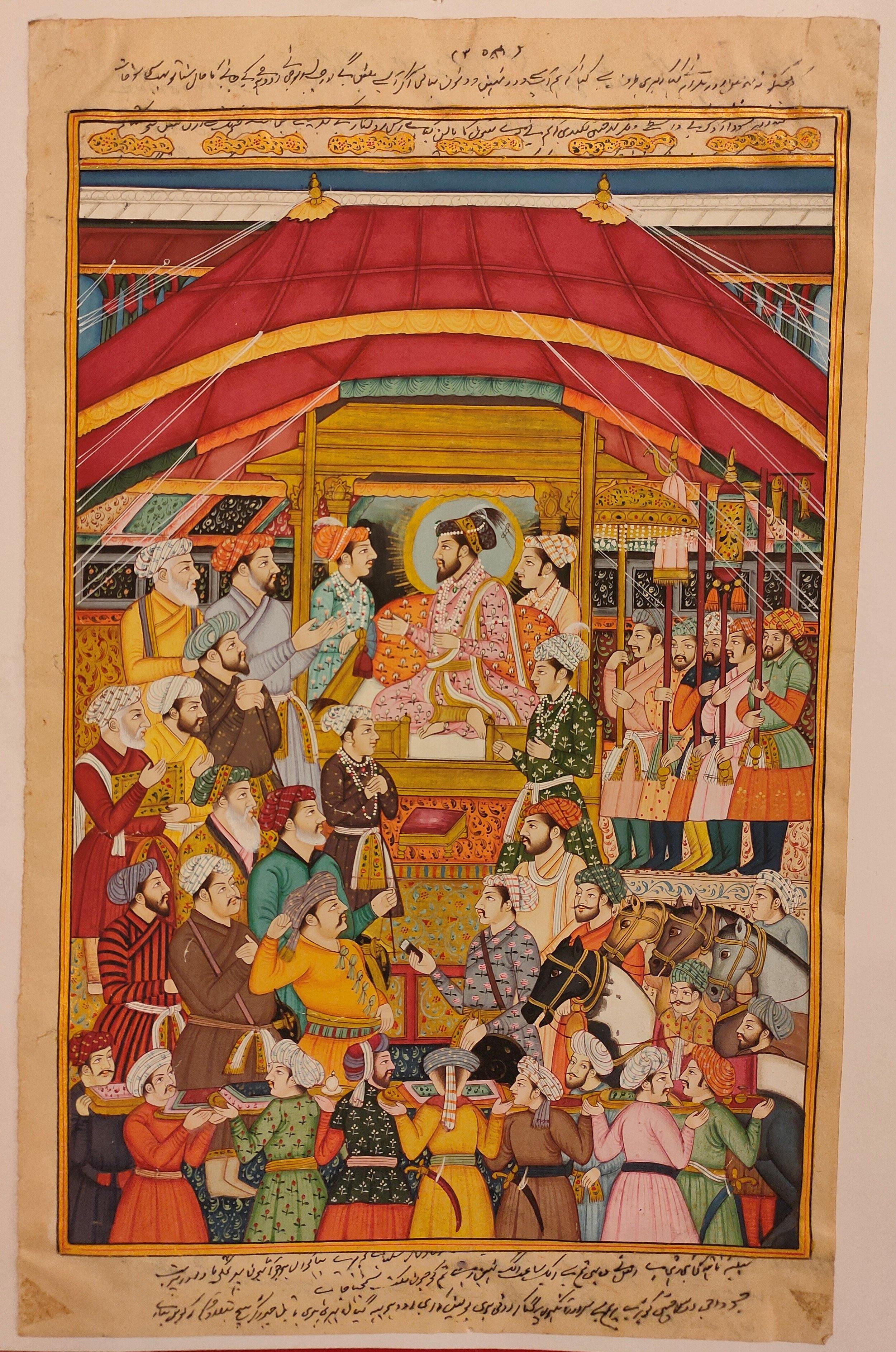 Hand Painted Mughal Maharajah Court Scene Miniature Painting India