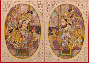 Hand Painted Mughal Shah Jahan and Mumtaz Miniature Painting India Paper Artwork - ArtUdaipur