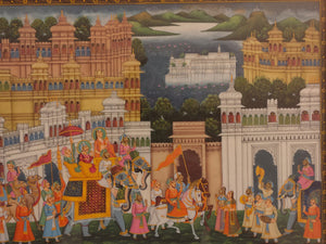 Rare Indian Framed Maharaja Blue Color Scheme Rajasthani Procession Detailed Miniature Painting Fine Art Exquisite Artwork Udaipur City - ArtUdaipur